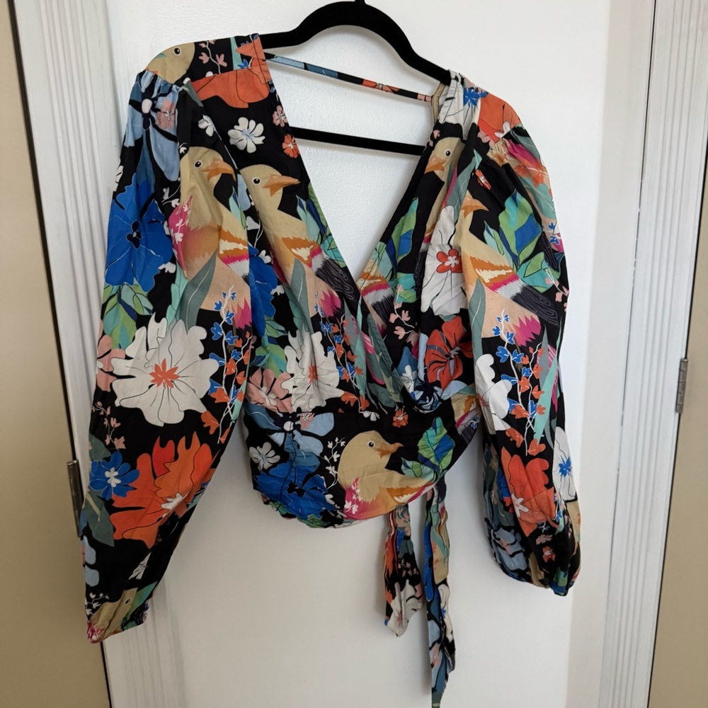 Anthropologie Conditions Apply Floral Bird Wrap Blouse SIZE XL